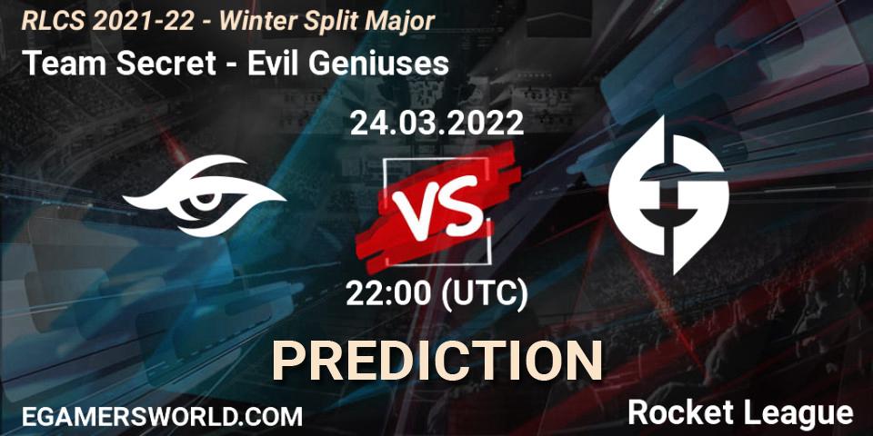 Prognose für das Spiel Team Secret VS Evil Geniuses. 24.03.2022 at 22:00. Rocket League - RLCS 2021-22 - Winter Split Major
