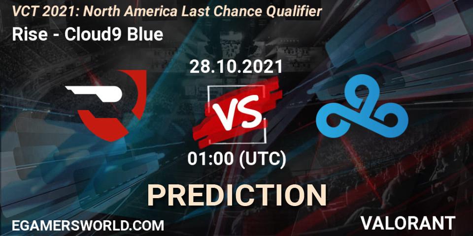 Prognose für das Spiel Rise VS Cloud9 Blue. 28.10.2021 at 19:00. VALORANT - VCT 2021: North America Last Chance Qualifier