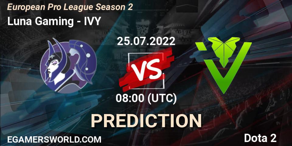 Prognose für das Spiel Luna Gaming VS IVY. 25.07.2022 at 08:11. Dota 2 - European Pro League Season 2