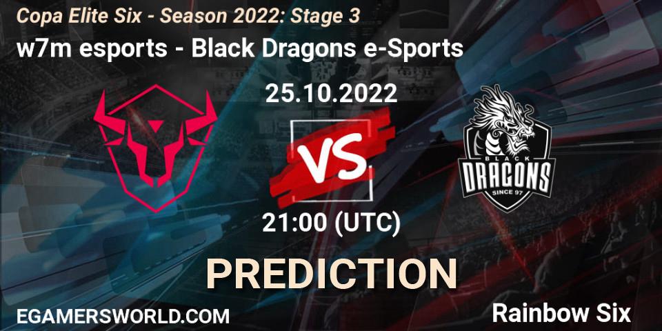 Prognose für das Spiel w7m esports VS Black Dragons e-Sports. 25.10.2022 at 21:00. Rainbow Six - Copa Elite Six - Season 2022: Stage 3