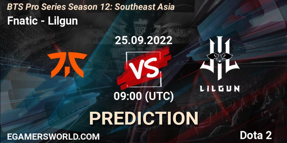 Prognose für das Spiel Fnatic VS Lilgun. 25.09.2022 at 09:04. Dota 2 - BTS Pro Series Season 12: Southeast Asia