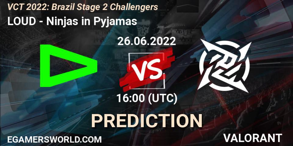 Prognose für das Spiel LOUD VS Ninjas in Pyjamas. 26.06.2022 at 16:15. VALORANT - VCT 2022: Brazil Stage 2 Challengers