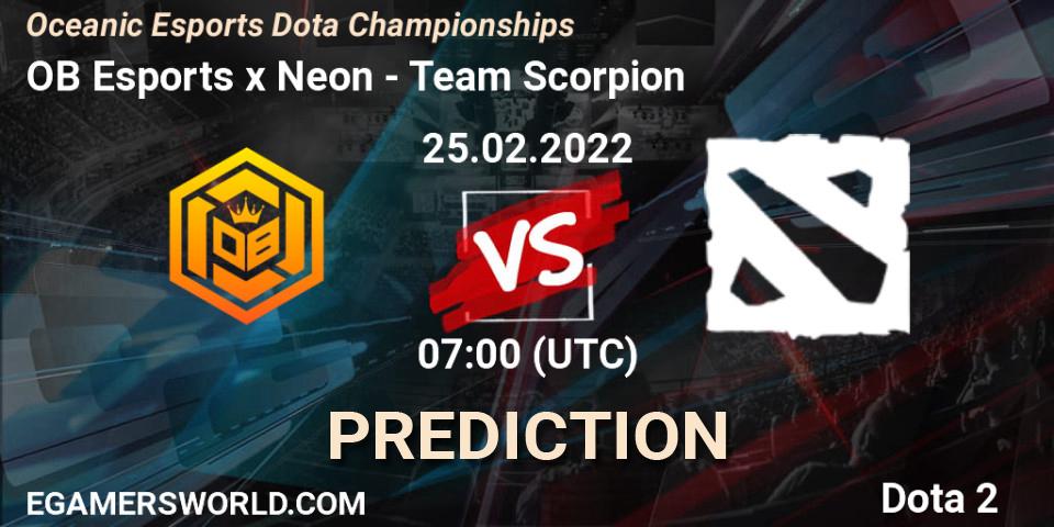 Prognose für das Spiel OB Esports x Neon VS Team Scorpion. 25.02.2022 at 07:17. Dota 2 - Oceanic Esports Dota Championships