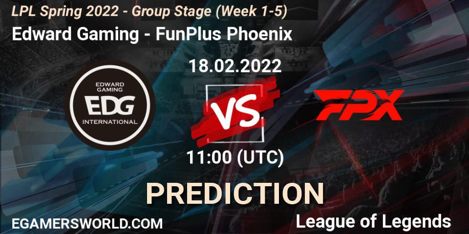 Prognose für das Spiel Edward Gaming VS FunPlus Phoenix. 18.02.2022 at 12:25. LoL - LPL Spring 2022 - Group Stage (Week 1-5)