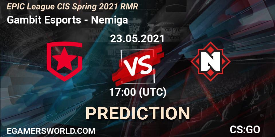 Prognose für das Spiel Gambit Esports VS Nemiga. 23.05.2021 at 17:00. Counter-Strike (CS2) - EPIC League CIS Spring 2021 RMR