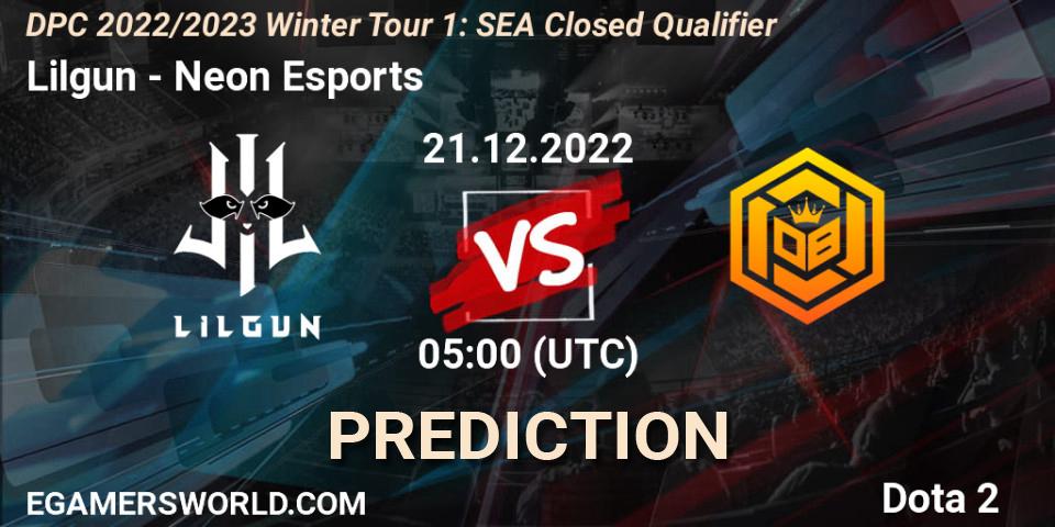 Prognose für das Spiel Lilgun VS Neon Esports. 21.12.2022 at 05:00. Dota 2 - DPC 2022/2023 Winter Tour 1: SEA Closed Qualifier