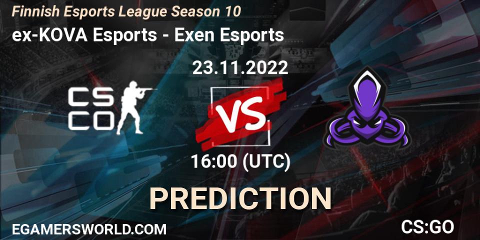 Prognose für das Spiel ex-KOVA Esports VS Exen Esports. 23.11.2022 at 16:00. Counter-Strike (CS2) - Finnish Esports League Season 10