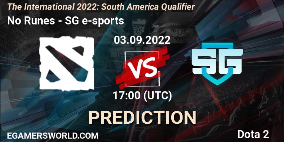 Prognose für das Spiel No Runes VS SG e-sports. 03.09.22. Dota 2 - The International 2022: South America Qualifier