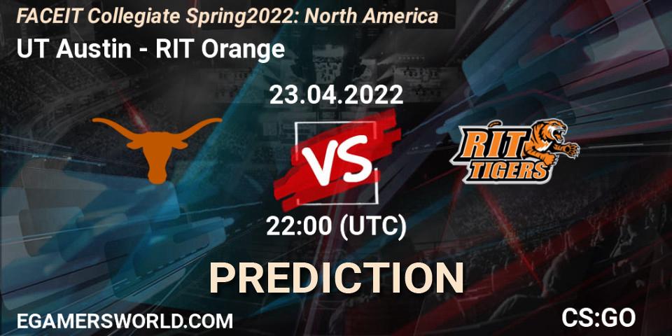 Prognose für das Spiel UT Austin VS RIT Orange. 23.04.2022 at 22:00. Counter-Strike (CS2) - FACEIT Collegiate Spring 2022: North America