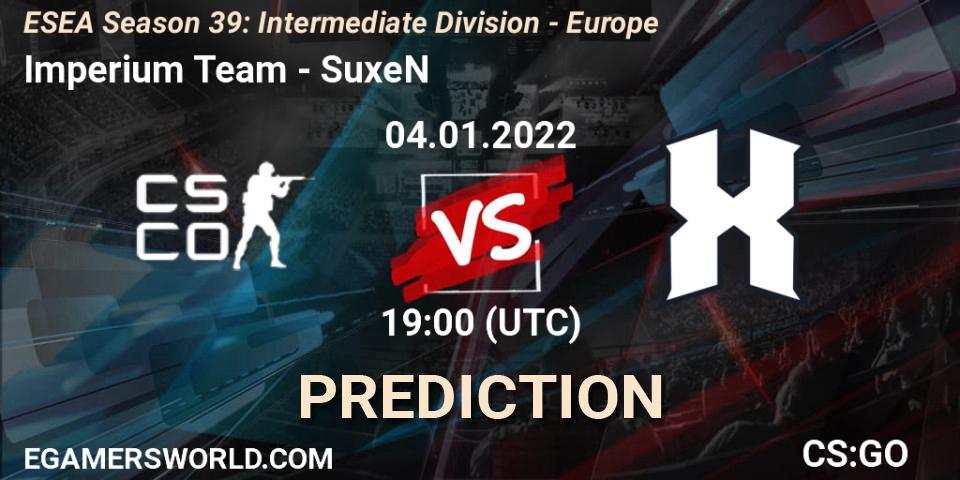 Prognose für das Spiel Imperium Team VS SuxeN. 04.01.2022 at 19:00. Counter-Strike (CS2) - ESEA Season 39: Intermediate Division - Europe