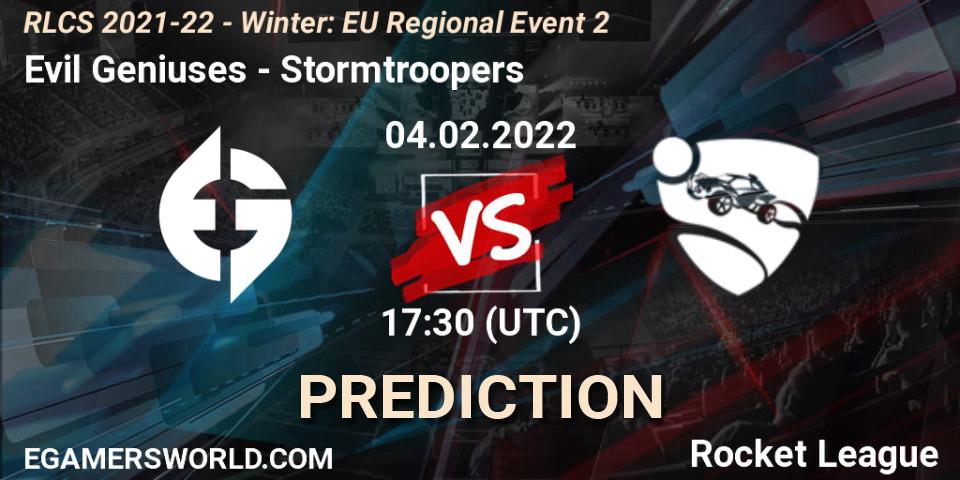 Prognose für das Spiel Evil Geniuses VS Stormtroopers. 04.02.2022 at 17:30. Rocket League - RLCS 2021-22 - Winter: EU Regional Event 2