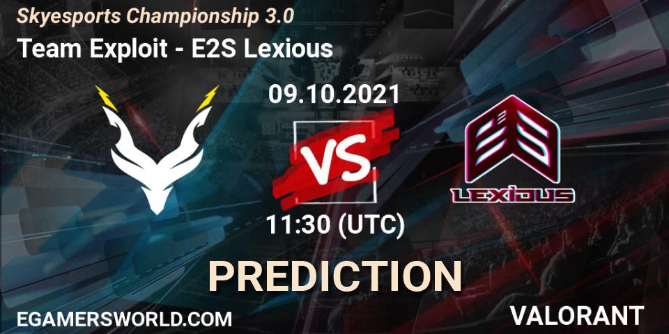 Prognose für das Spiel Team Exploit VS E2S Lexious. 09.10.2021 at 11:30. VALORANT - Skyesports Championship 3.0