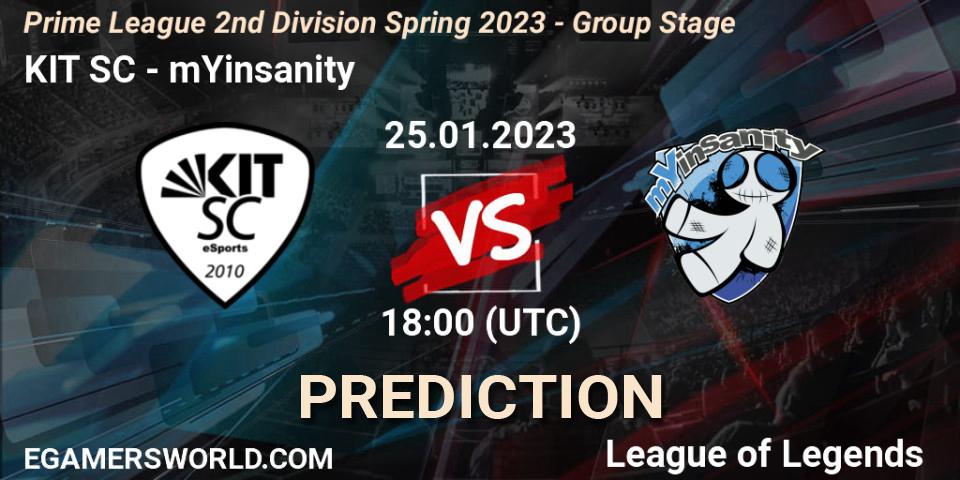 Prognose für das Spiel KIT SC VS mYinsanity. 25.01.2023 at 18:00. LoL - Prime League 2nd Division Spring 2023 - Group Stage