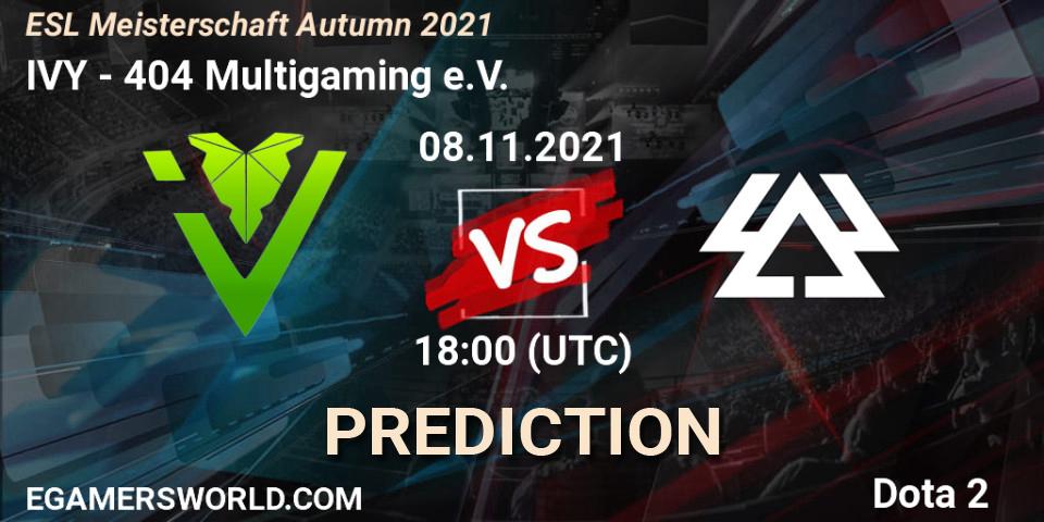 Prognose für das Spiel IVY VS 404 Multigaming e.V.. 08.11.2021 at 19:08. Dota 2 - ESL Meisterschaft Autumn 2021