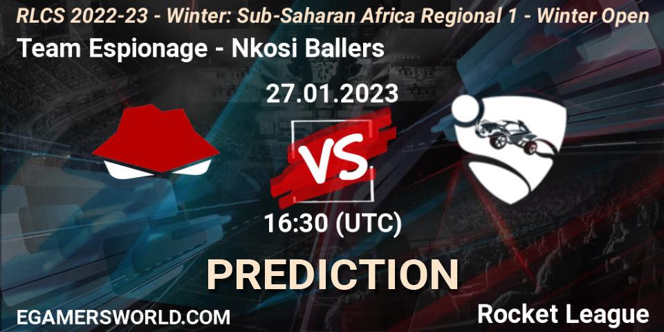 Prognose für das Spiel Team Espionage VS Nkosi Ballers. 27.01.2023 at 16:30. Rocket League - RLCS 2022-23 - Winter: Sub-Saharan Africa Regional 1 - Winter Open