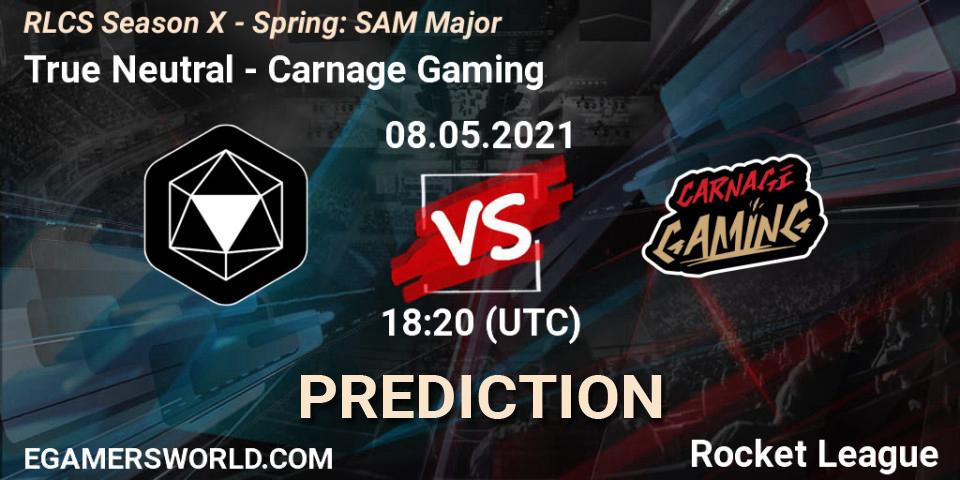 Prognose für das Spiel True Neutral VS Carnage Gaming. 08.05.2021 at 18:20. Rocket League - RLCS Season X - Spring: SAM Major