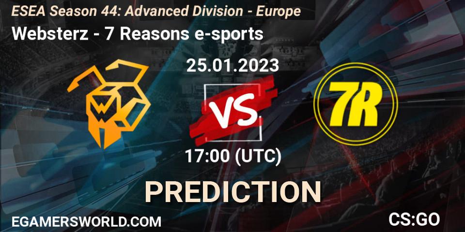Prognose für das Spiel Websterz VS 7 Reasons e-sports. 01.02.23. CS2 (CS:GO) - ESEA Season 44: Advanced Division - Europe