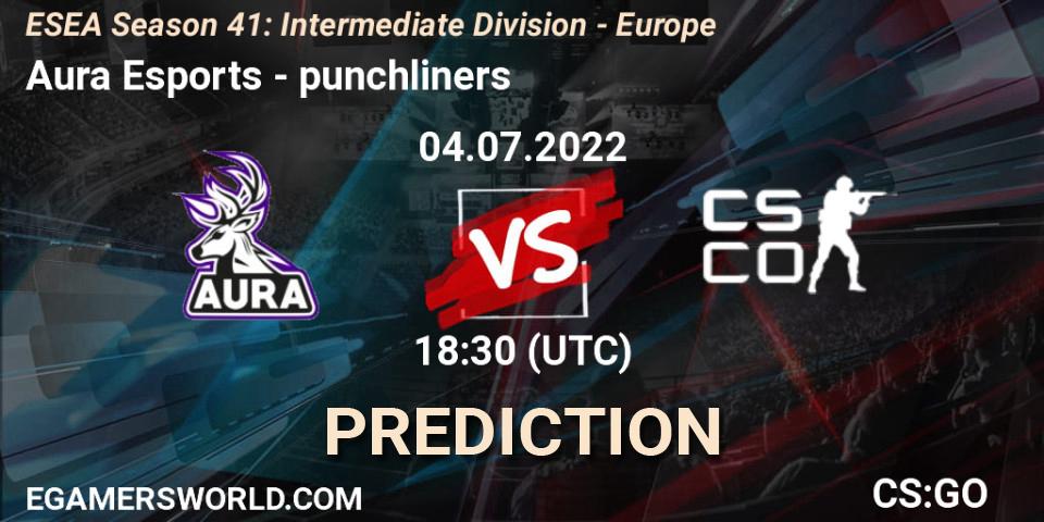 Prognose für das Spiel Aura Esports VS punchliners. 04.07.2022 at 18:30. Counter-Strike (CS2) - ESEA Season 41: Intermediate Division - Europe