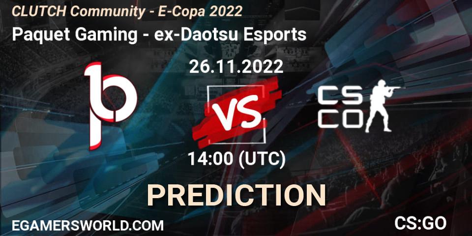 Prognose für das Spiel Paquetá Gaming VS ex-Daotsu Esports. 26.11.2022 at 14:00. Counter-Strike (CS2) - CLUTCH Community - E-Copa 2022