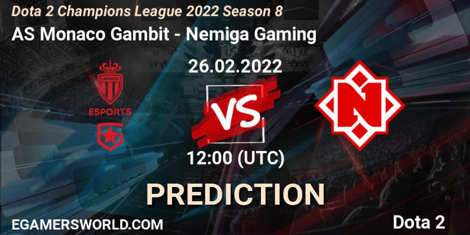 Prognose für das Spiel AS Monaco Gambit VS Nemiga Gaming. 24.03.2022 at 12:00. Dota 2 - Dota 2 Champions League 2022 Season 8