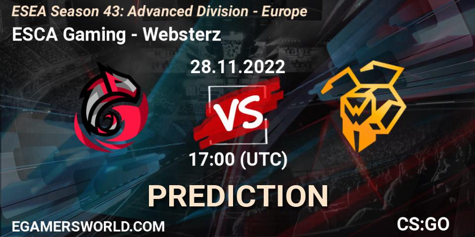 Prognose für das Spiel ESCA Gaming VS Websterz. 28.11.22. CS2 (CS:GO) - ESEA Season 43: Advanced Division - Europe