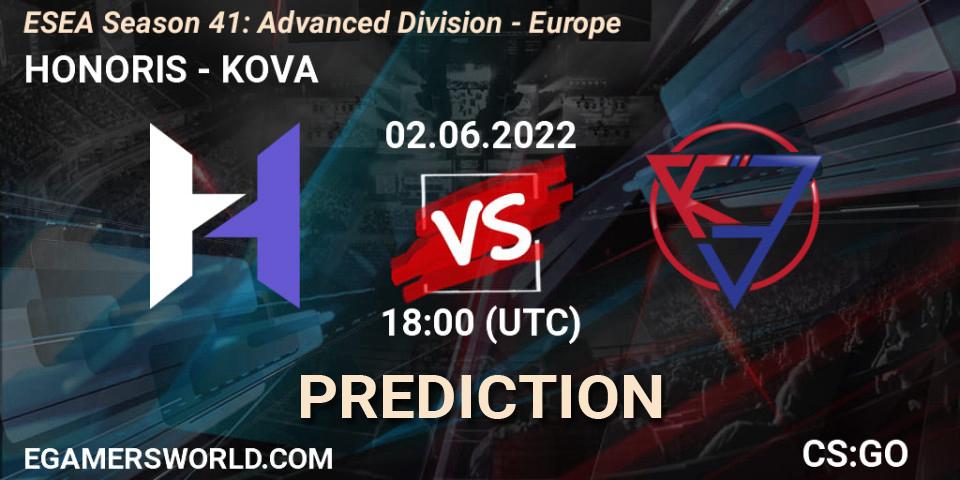 Prognose für das Spiel HONORIS VS KOVA. 02.06.2022 at 18:00. Counter-Strike (CS2) - ESEA Season 41: Advanced Division - Europe