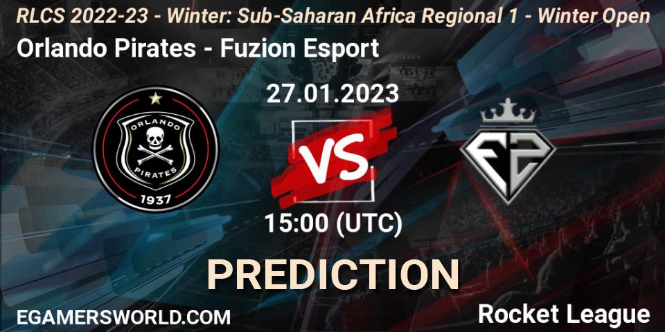 Prognose für das Spiel Orlando Pirates VS Fuzion Esport. 27.01.2023 at 15:00. Rocket League - RLCS 2022-23 - Winter: Sub-Saharan Africa Regional 1 - Winter Open