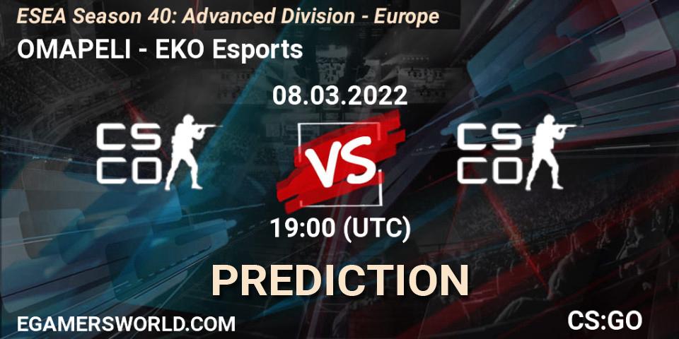 Prognose für das Spiel OMAPELI VS EKO Esports. 08.03.2022 at 19:00. Counter-Strike (CS2) - ESEA Season 40: Advanced Division - Europe