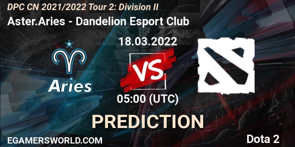Prognose für das Spiel Aster.Aries VS Dandelion Esport Club. 18.03.2022 at 04:00. Dota 2 - DPC 2021/2022 Tour 2: CN Division II (Lower)