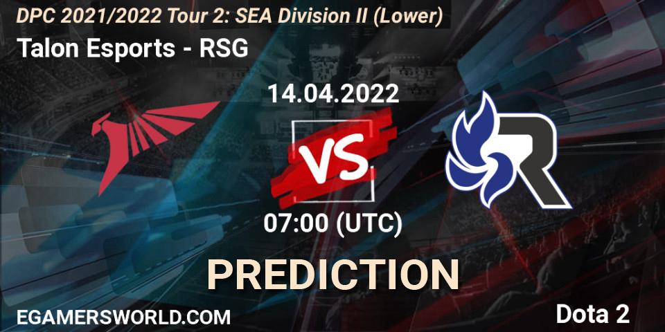 Prognose für das Spiel Talon Esports VS RSG. 14.04.2022 at 08:00. Dota 2 - DPC 2021/2022 Tour 2: SEA Division II (Lower)