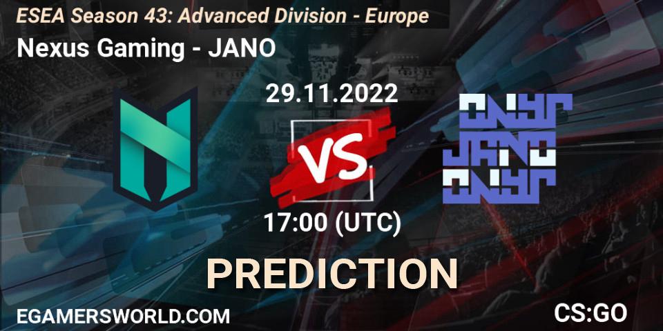 Prognose für das Spiel Nexus Gaming VS JANO. 29.11.22. CS2 (CS:GO) - ESEA Season 43: Advanced Division - Europe