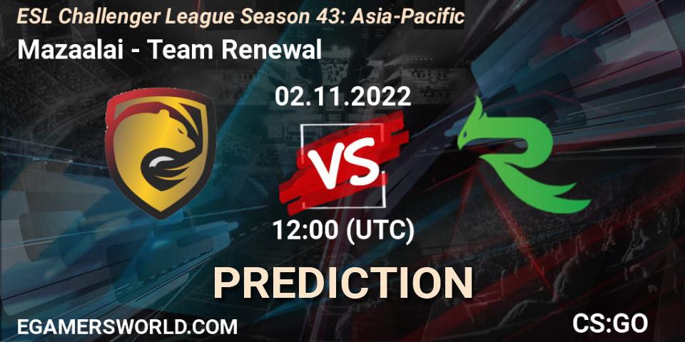 Prognose für das Spiel Mazaalai VS Team Renewal. 02.11.22. CS2 (CS:GO) - ESL Challenger League Season 43: Asia-Pacific