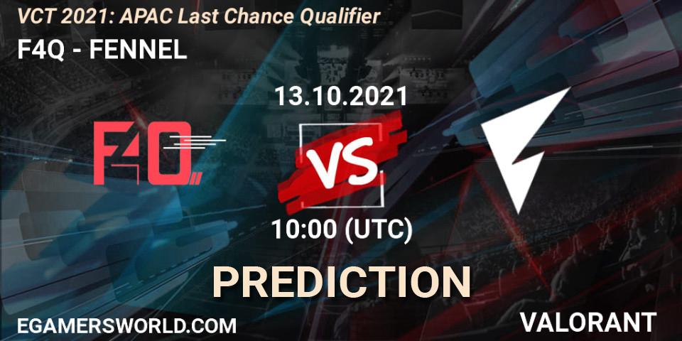 Prognose für das Spiel F4Q VS FENNEL. 13.10.2021 at 09:00. VALORANT - VCT 2021: APAC Last Chance Qualifier