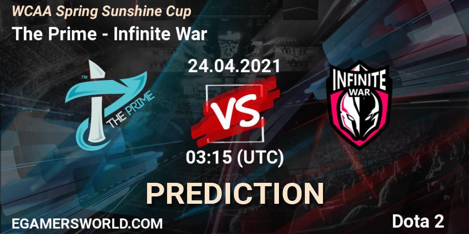 Prognose für das Spiel The Prime VS Infinite War. 24.04.2021 at 03:31. Dota 2 - WCAA Spring Sunshine Cup