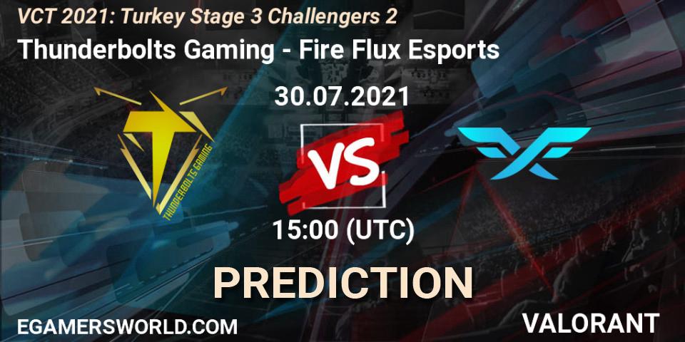 Prognose für das Spiel Thunderbolts Gaming VS Fire Flux Esports. 30.07.2021 at 15:00. VALORANT - VCT 2021: Turkey Stage 3 Challengers 2