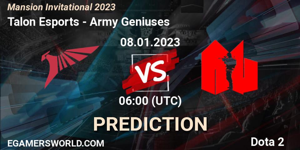 Prognose für das Spiel Talon Esports VS Army Geniuses. 08.01.2023 at 06:30. Dota 2 - Mansion Invitational 2023