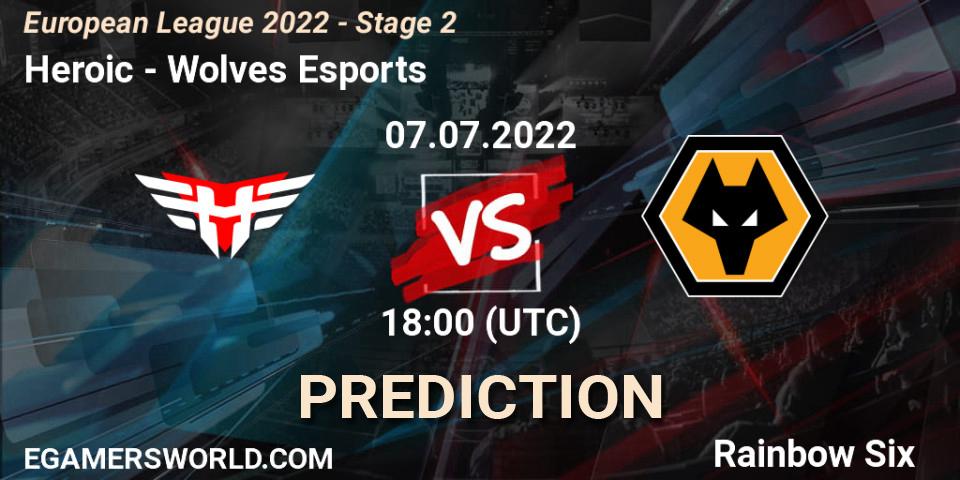 Prognose für das Spiel Heroic VS Wolves Esports. 07.07.2022 at 18:00. Rainbow Six - European League 2022 - Stage 2