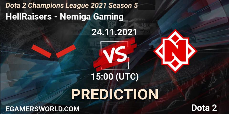Prognose für das Spiel HellRaisers VS Nemiga Gaming. 24.11.2021 at 12:03. Dota 2 - Dota 2 Champions League 2021 Season 5