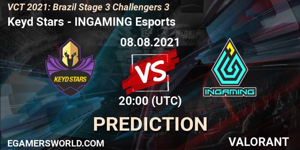 Prognose für das Spiel Keyd Stars VS INGAMING Esports. 08.08.2021 at 20:00. VALORANT - VCT 2021: Brazil Stage 3 Challengers 3