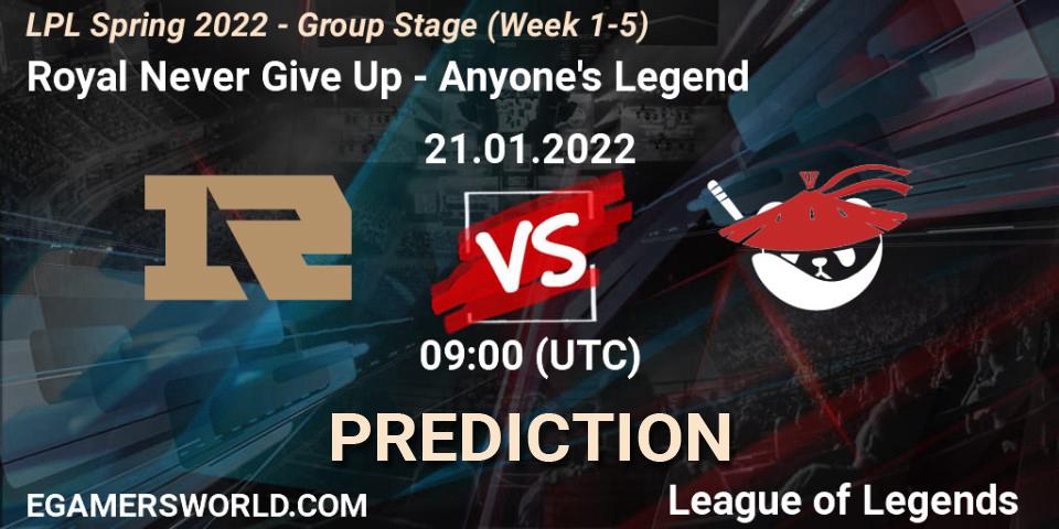 Prognose für das Spiel Royal Never Give Up VS Anyone's Legend. 21.01.22. LoL - LPL Spring 2022 - Group Stage (Week 1-5)