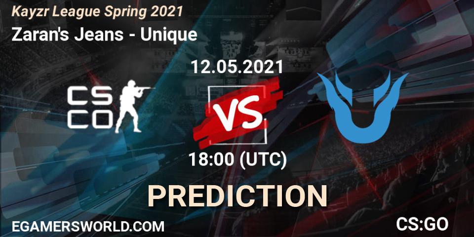Prognose für das Spiel Zaran's Jeans VS Unique. 12.05.2021 at 18:00. Counter-Strike (CS2) - Kayzr League Spring 2021