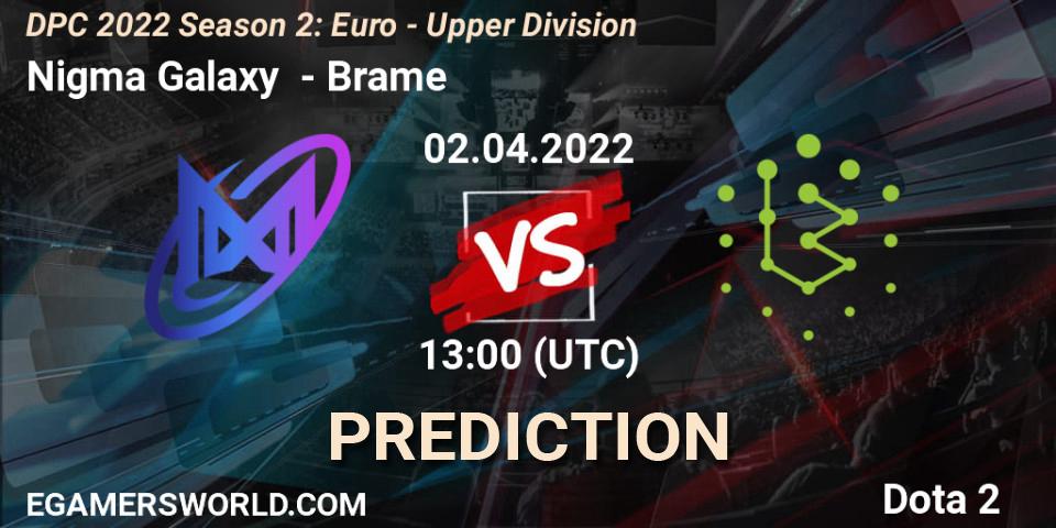 Prognose für das Spiel Nigma Galaxy VS Brame. 02.04.2022 at 12:56. Dota 2 - DPC 2021/2022 Tour 2 (Season 2): WEU (Euro) Divison I (Upper) - DreamLeague Season 17