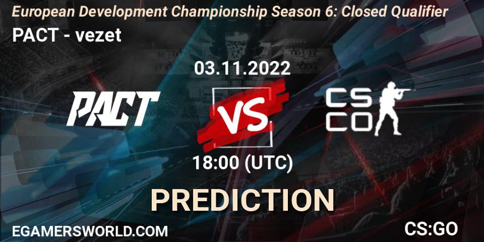 Prognose für das Spiel PACT VS vezet. 03.11.2022 at 18:00. Counter-Strike (CS2) - European Development Championship Season 6: Closed Qualifier