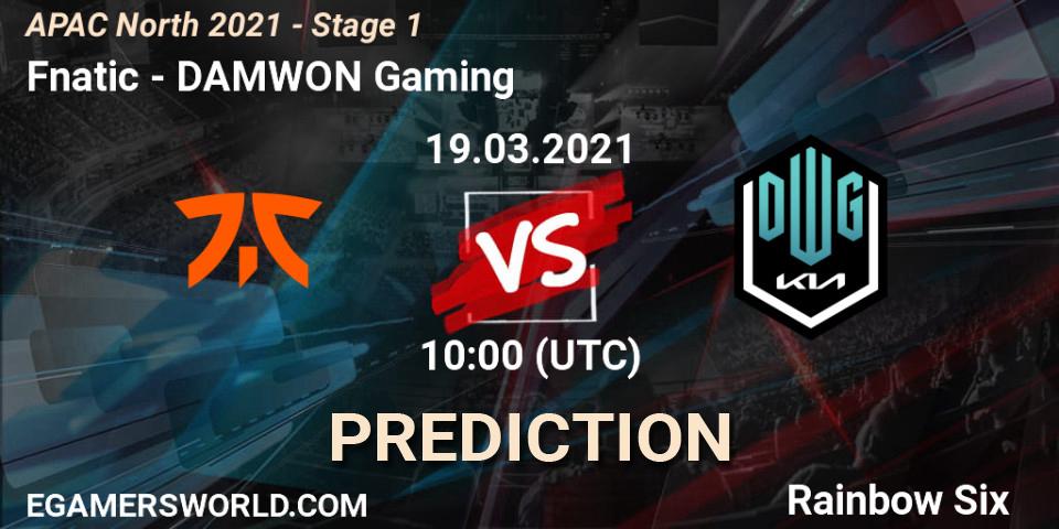 Prognose für das Spiel Fnatic VS DAMWON Gaming. 19.03.2021 at 10:30. Rainbow Six - APAC North 2021 - Stage 1