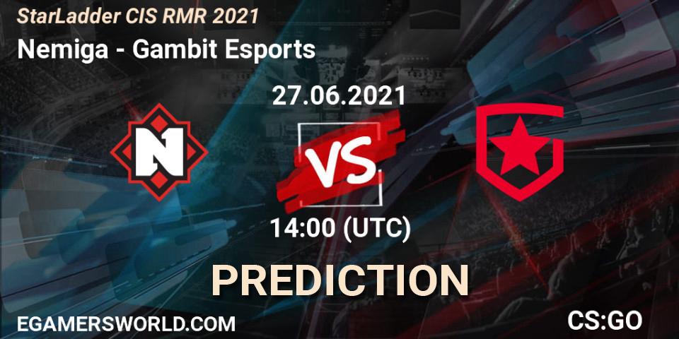 Prognose für das Spiel Nemiga VS Gambit Esports. 27.06.2021 at 14:00. Counter-Strike (CS2) - StarLadder CIS RMR 2021