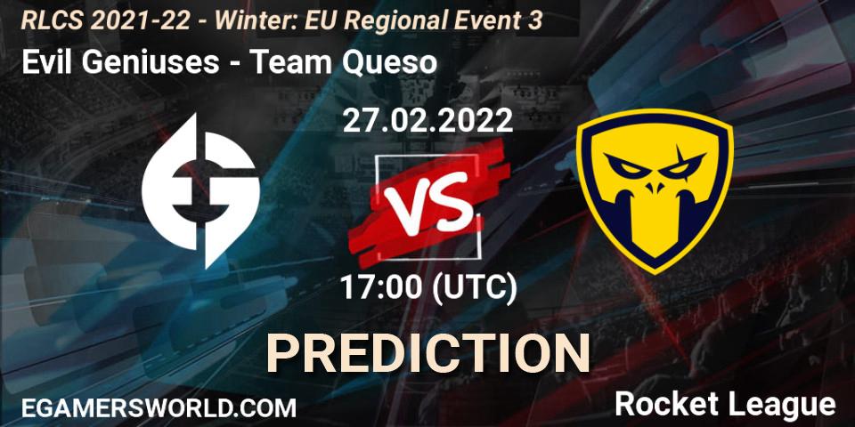 Prognose für das Spiel Evil Geniuses VS Team Queso. 27.02.2022 at 17:00. Rocket League - RLCS 2021-22 - Winter: EU Regional Event 3