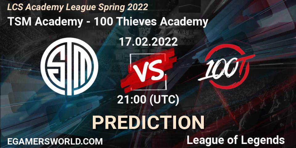 Prognose für das Spiel TSM Academy VS 100 Thieves Academy. 17.02.2022 at 21:00. LoL - LCS Academy League Spring 2022