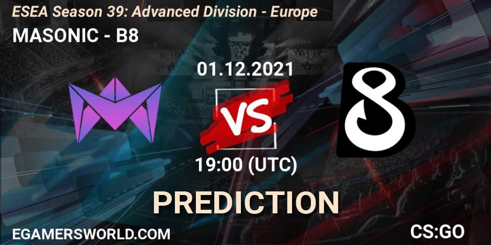 Prognose für das Spiel MASONIC VS B8. 01.12.21. CS2 (CS:GO) - ESEA Season 39: Advanced Division - Europe