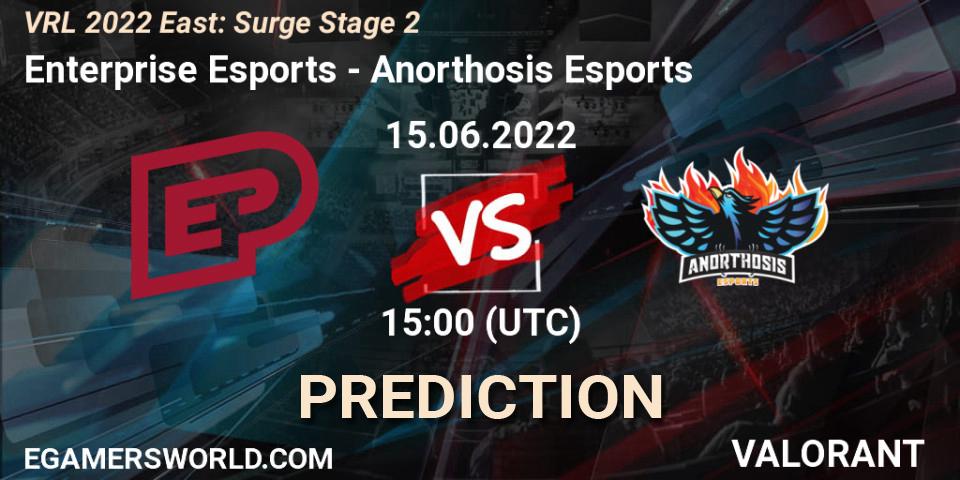 Prognose für das Spiel Enterprise Esports VS Anorthosis Esports. 15.06.2022 at 15:00. VALORANT - VRL 2022 East: Surge Stage 2