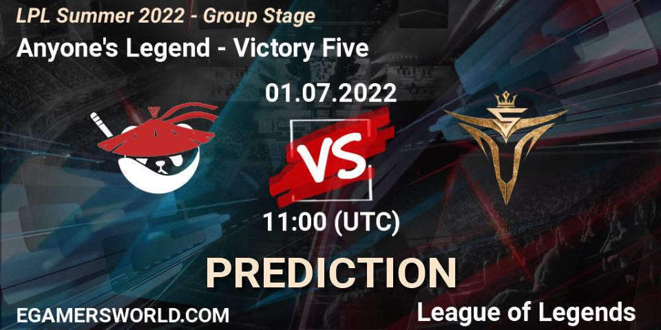 Prognose für das Spiel Anyone's Legend VS Victory Five. 01.07.22. LoL - LPL Summer 2022 - Group Stage